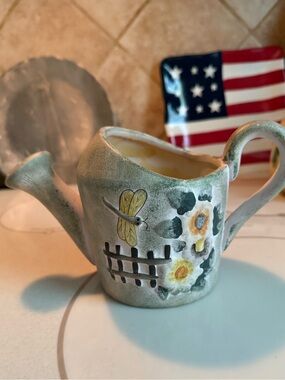 Hand-Painted Ceramic Watering Can Figurine with Dragonfly & Floral Motif - Green